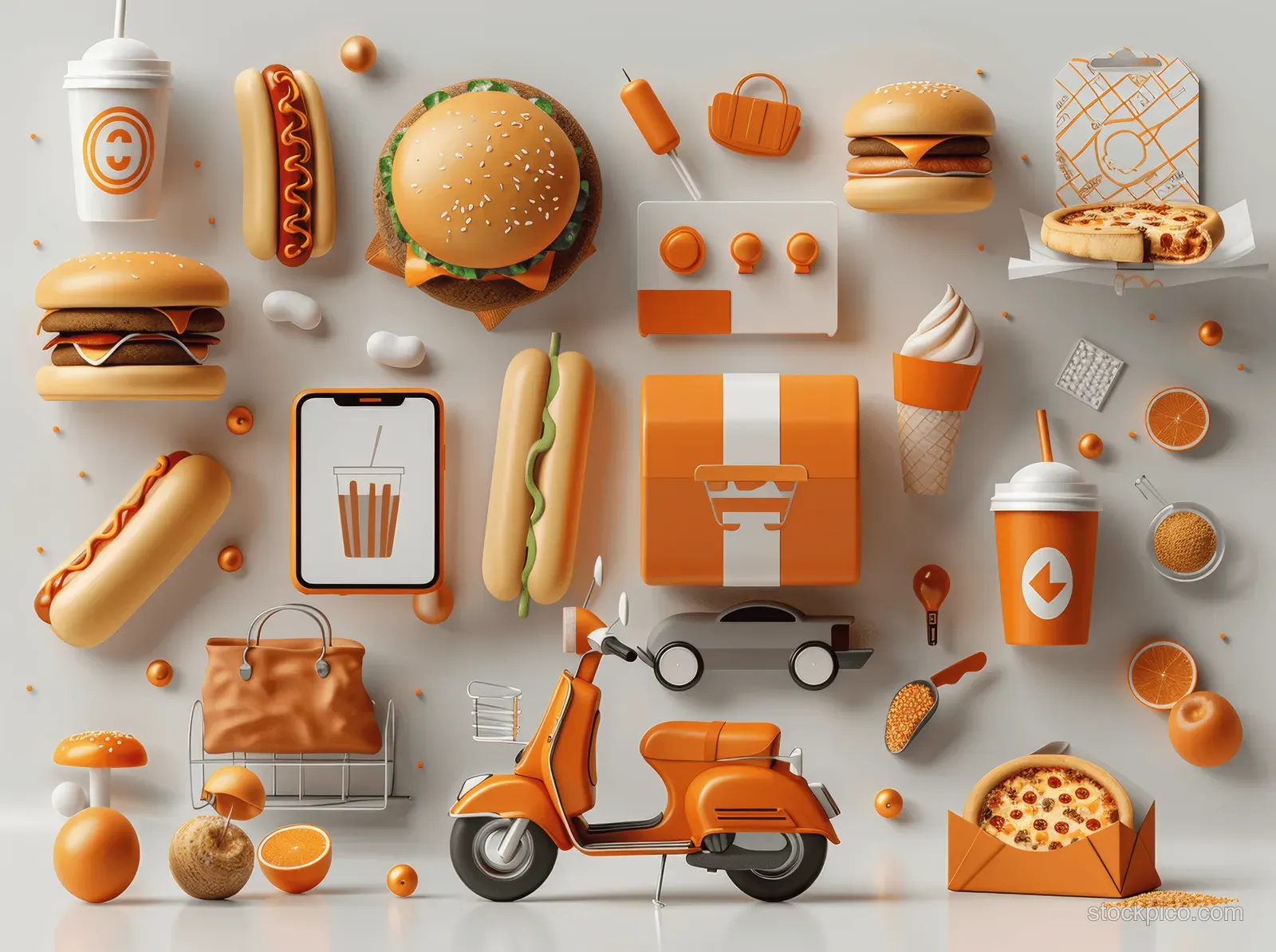 3D delivery scooter with pizza, burgers, hot dogs, and takeaway icons floating around a phone app screen.