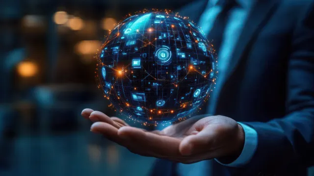 A businessperson holds a glowing digital globe with connected network nodes and data icons around it.