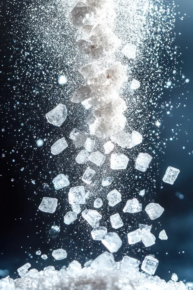 Sparkling white salt crystals falling in midair against a dark backdrop, sharp macro texture