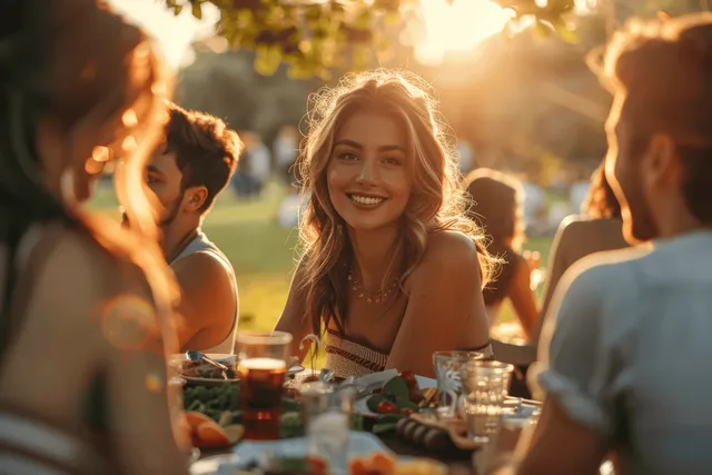 Young woman smiling at a picnic table as friends sit around her during sunset in a park.