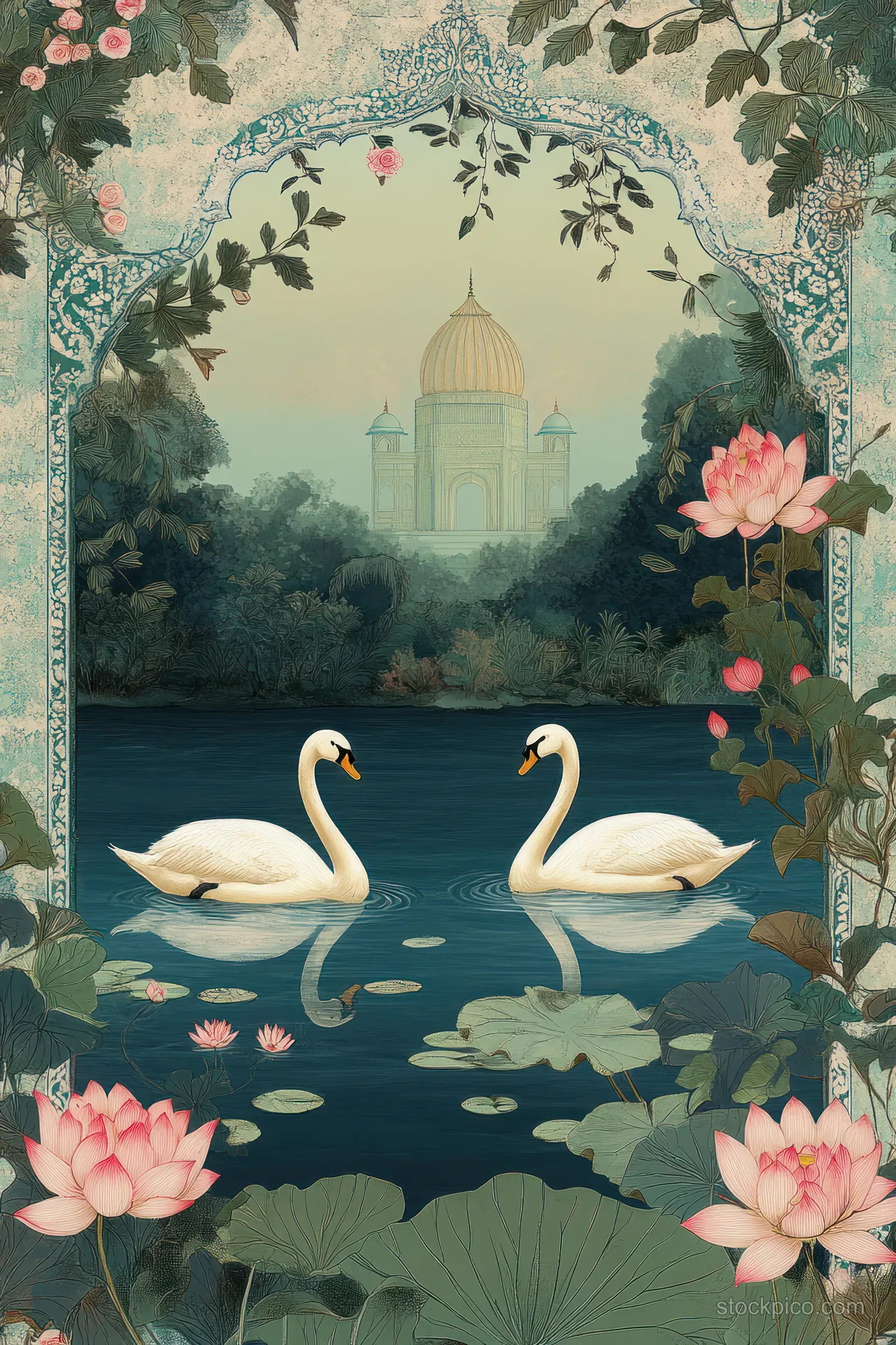 Two white swans float on a pond framed by lotus flowers and a floral arch.