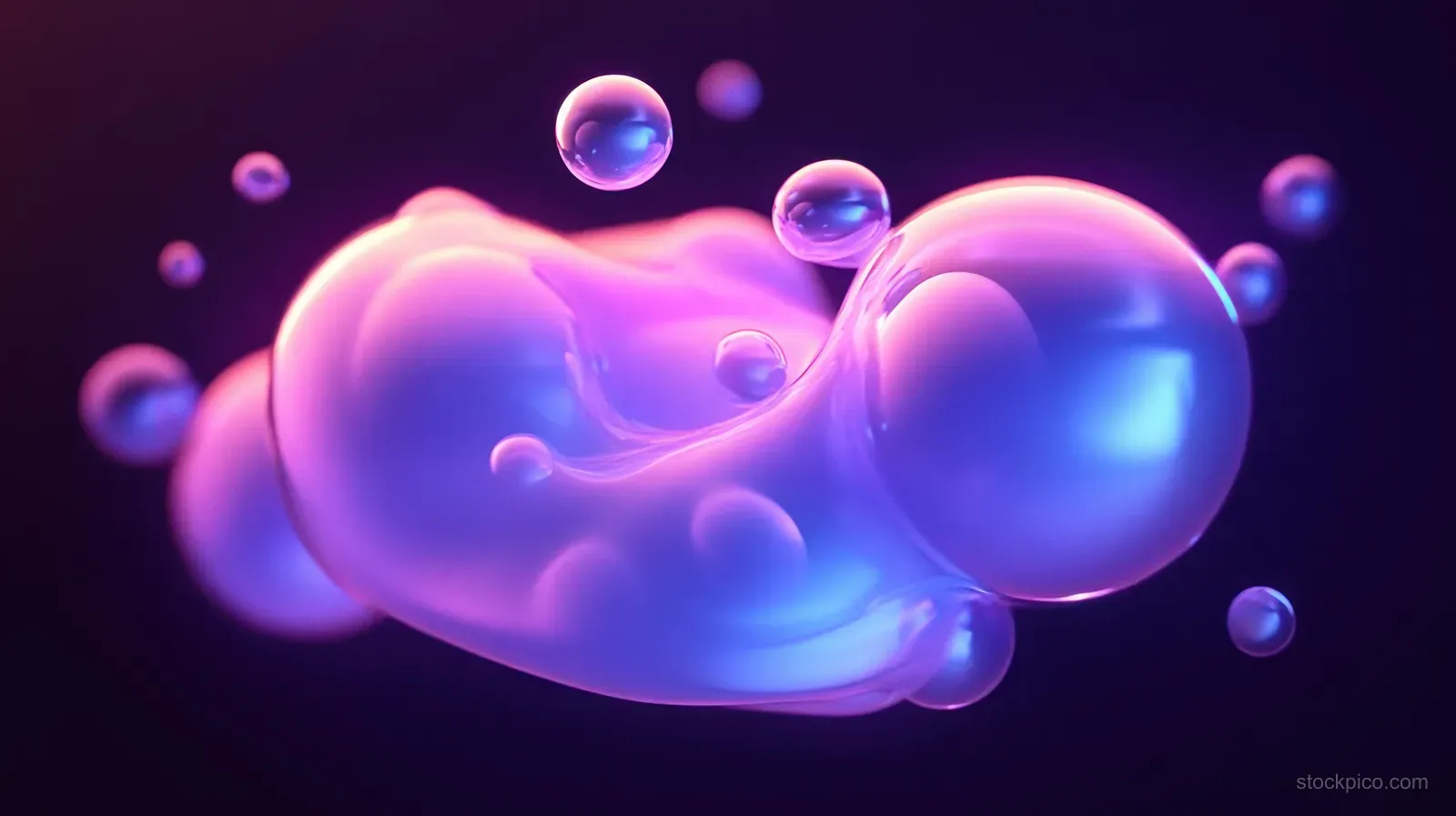 Translucent purple and blue bubbles glow softly while floating on a dark background.
