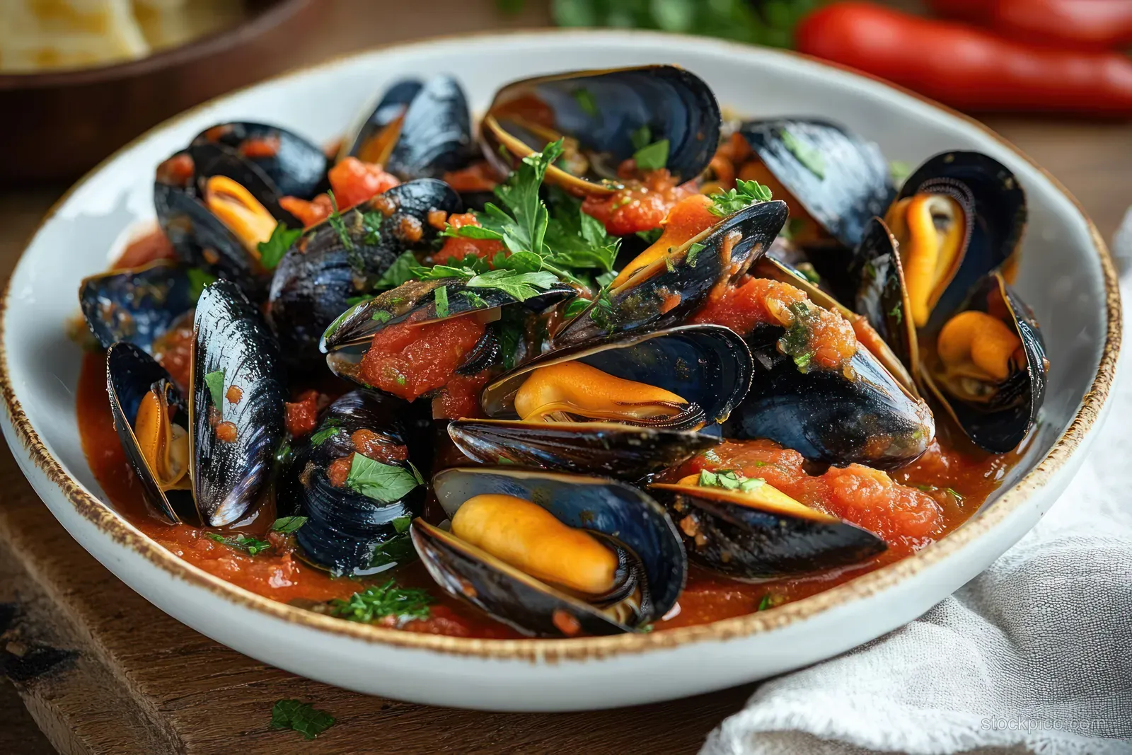 Bowl of mussels cooked in tomato sauce and garnished with parsley on a rustic wooden table.
