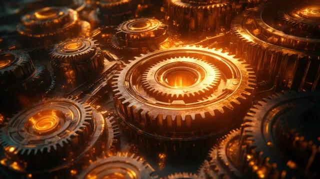 A cluster of metallic gears meshes together under warm orange light in an industrial machine concept.