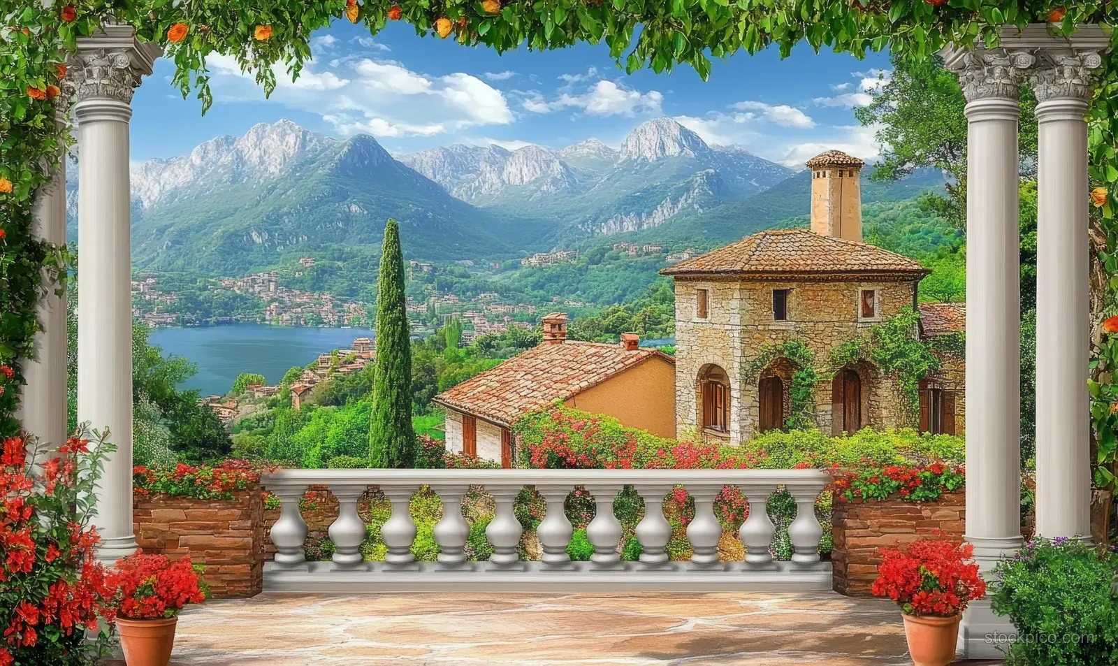 Stone villa on a terrace with arched windows, red flower planters, and distant lake mountains under a clear sky.