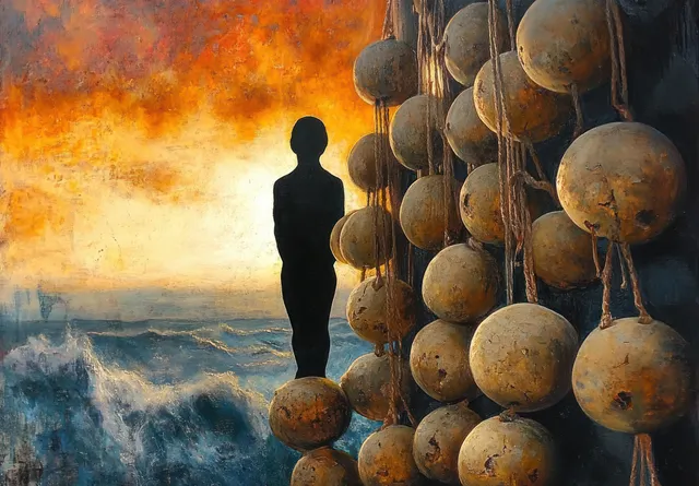 Silhouetted figure stands by weathered spherical buoys as stormy waves crash at fiery sunset