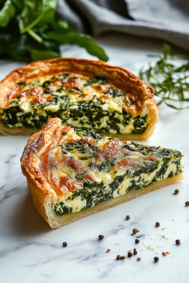 Spinach and cheese quiche slice on marble with golden flaky crust and whole pie background