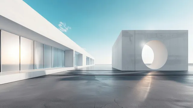 Futuristic 3D corridor with smooth concrete floor, long glass walls, and a circular window opening on the far building.