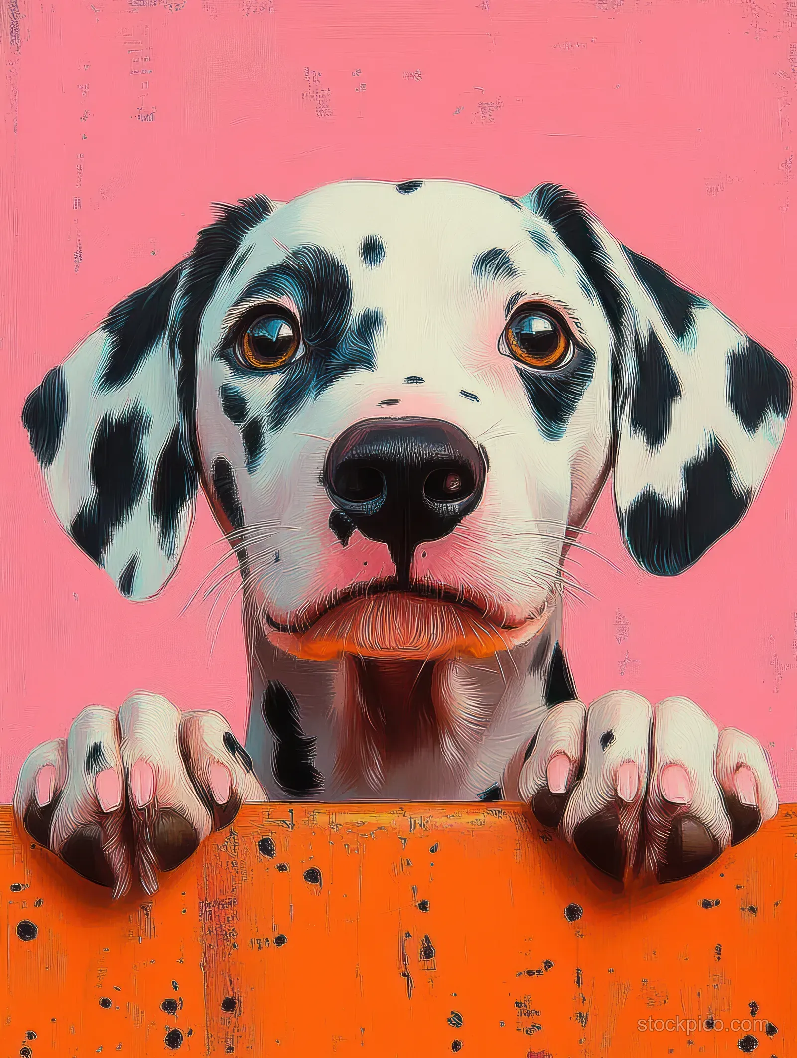 Dalmatian puppy with black spots leans on an orange ledge, staring with wide eyes against a pink background.