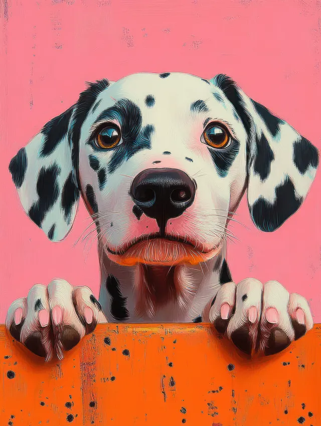 Curious Dalmatian puppy close-up leaning on orange surface against pink background