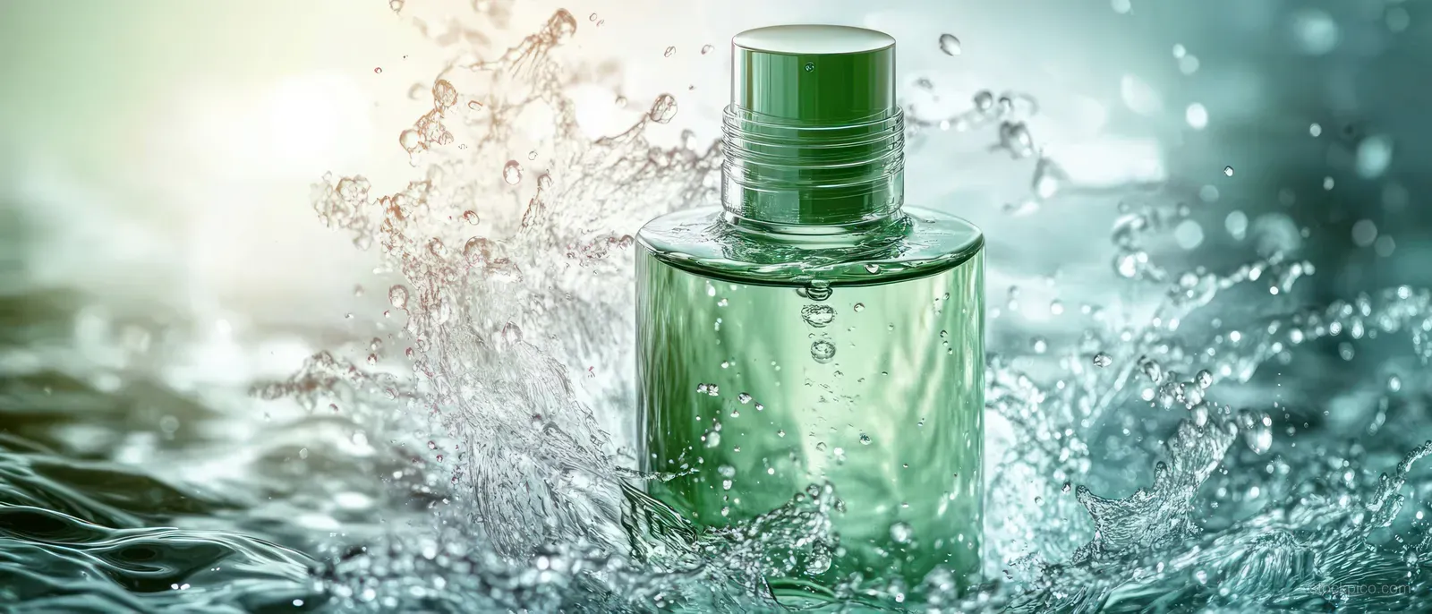 Green translucent bottle with cap surrounded by sparkling clear water droplets and splash in bright natural light.