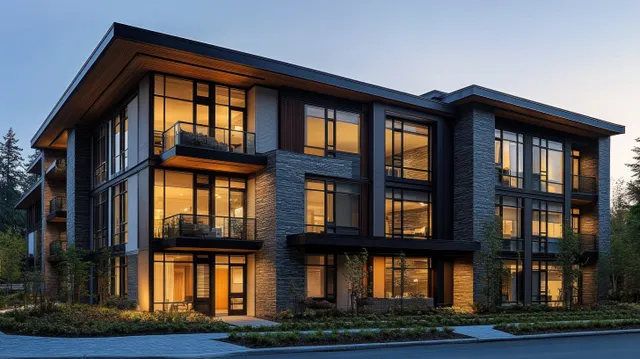 Three-story apartment building lit warmly at dusk with large windows and balconies