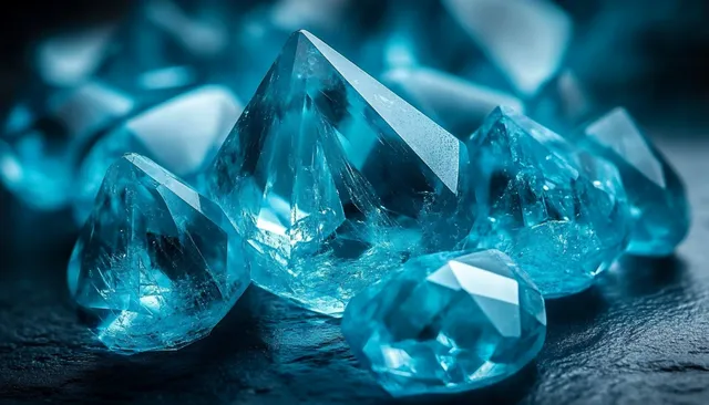Close-up of icy blue gemstones clustered on dark stone, glowing with prismatic reflections