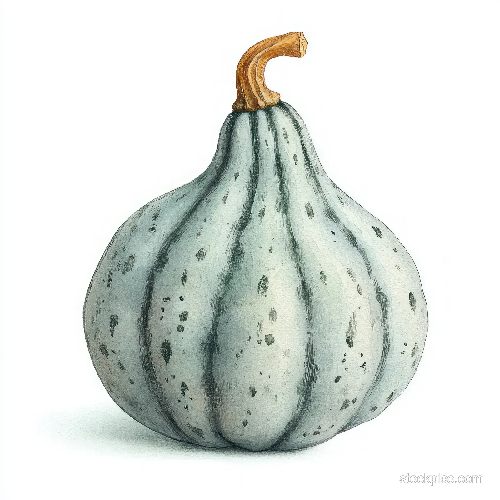 A single greenish-grey striped pumpkin with a curved stem isolated on a white background.