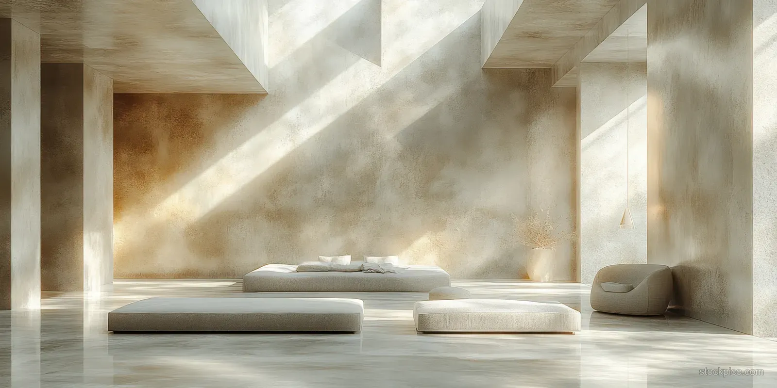 Empty concrete room with skylight beams, low seating, and an ocean view in the distance.