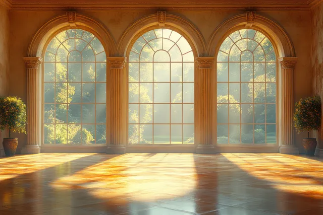 Golden sunlight streams through arched church windows onto a quiet interior floor.