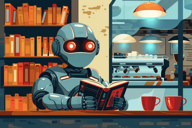 A futuristic robot reads a newspaper while narrating the news in a cozy, tech-themed coffee shop with warm lighting.