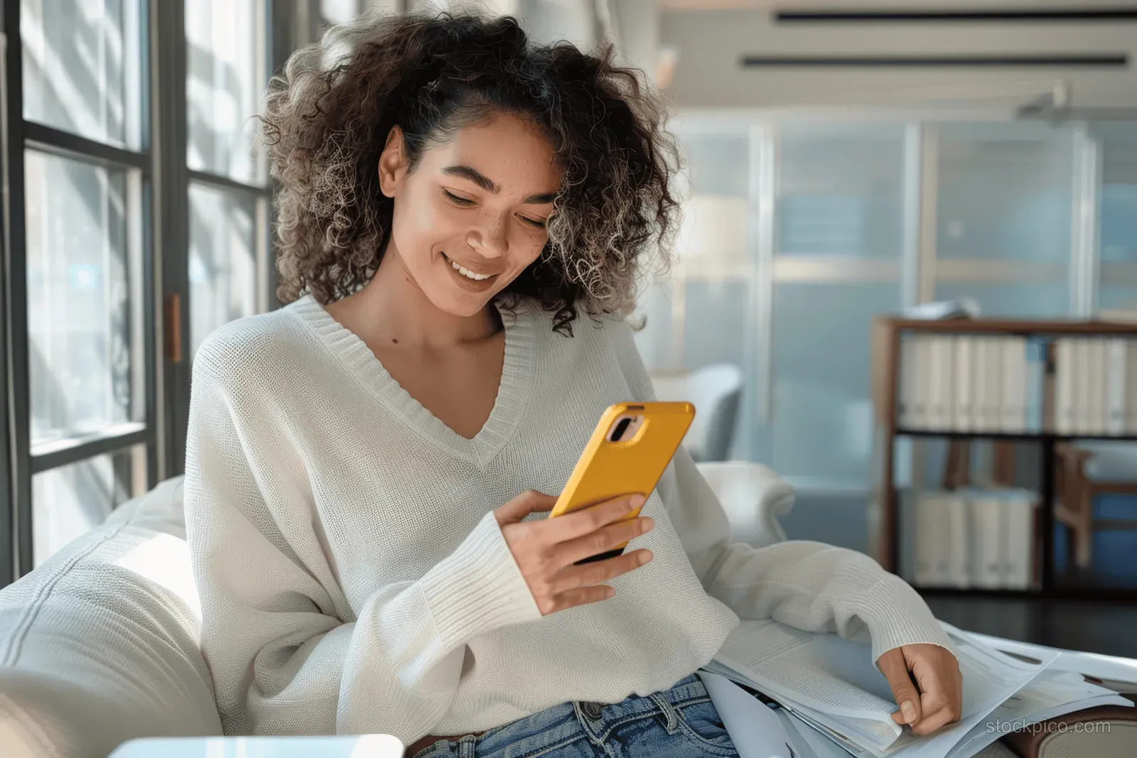 Cheerful mixed-race woman smiles while texting on a yellow mobile phone while relaxing on a sofa in a cozy living room.