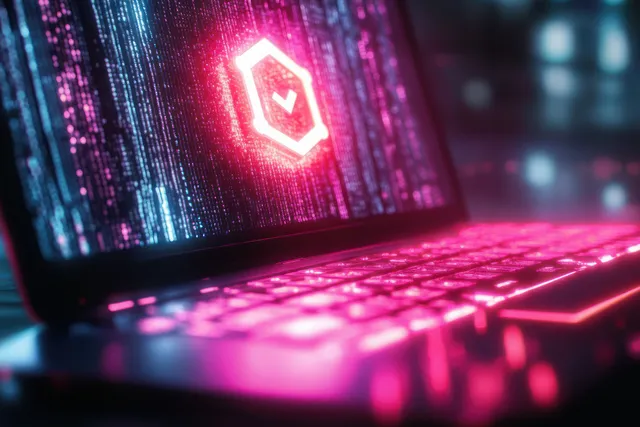Primer plano de la pantalla de un portátil que muestra un icono brillante de alerta de ciberseguridad sobre código neón.