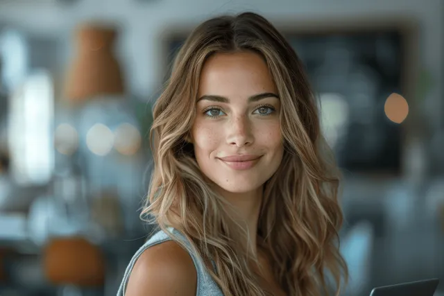 Young woman smiling in a close-up portrait with wavy light brown hair and green eyes indoors with blurred background lights.