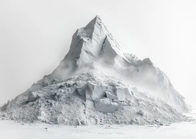 Dry cement powder heap with jagged ridges and fine grit on a clean white background from above.