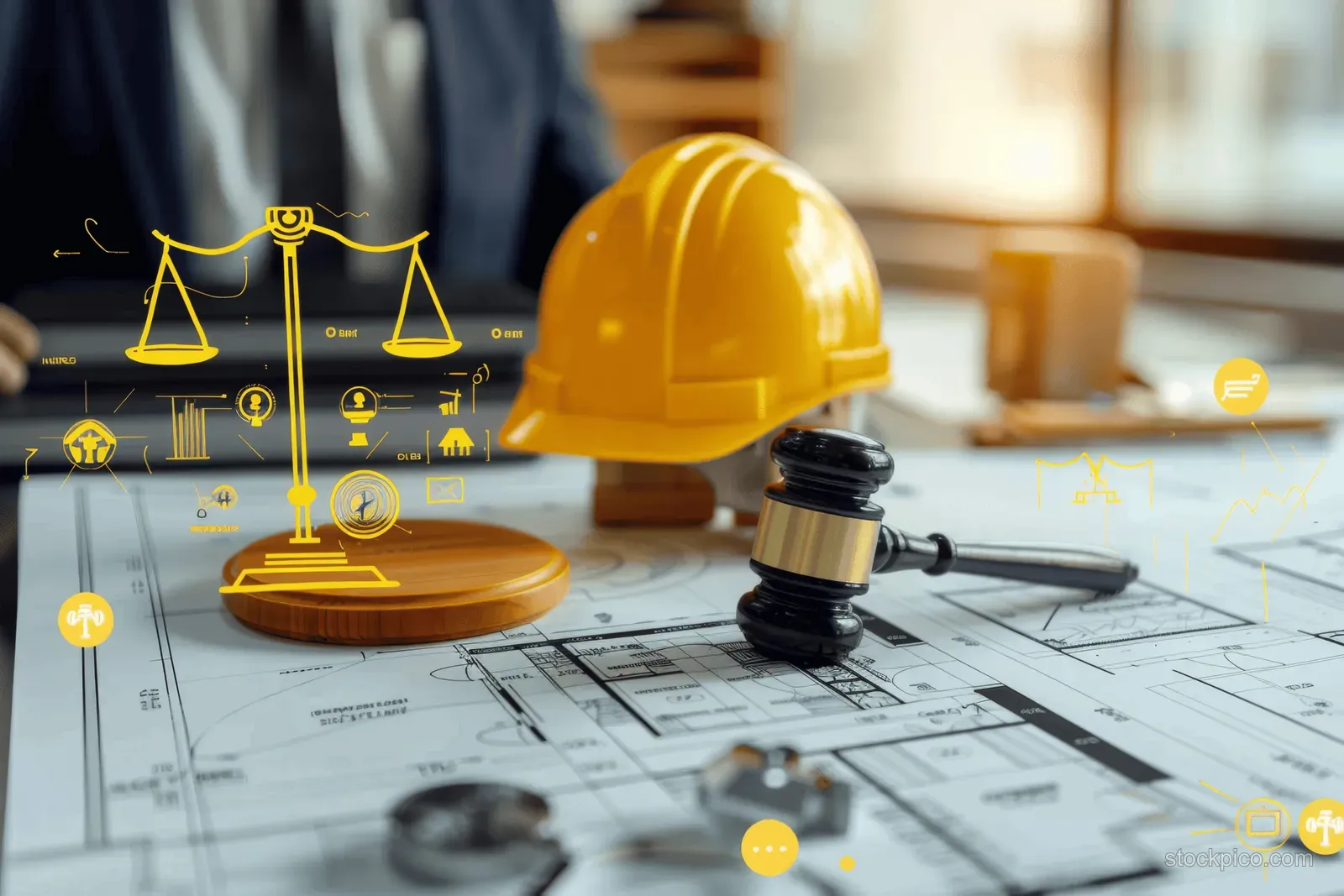 Yellow safety helmet and judge gavel sit on construction blueprints alongside legal scale icons.