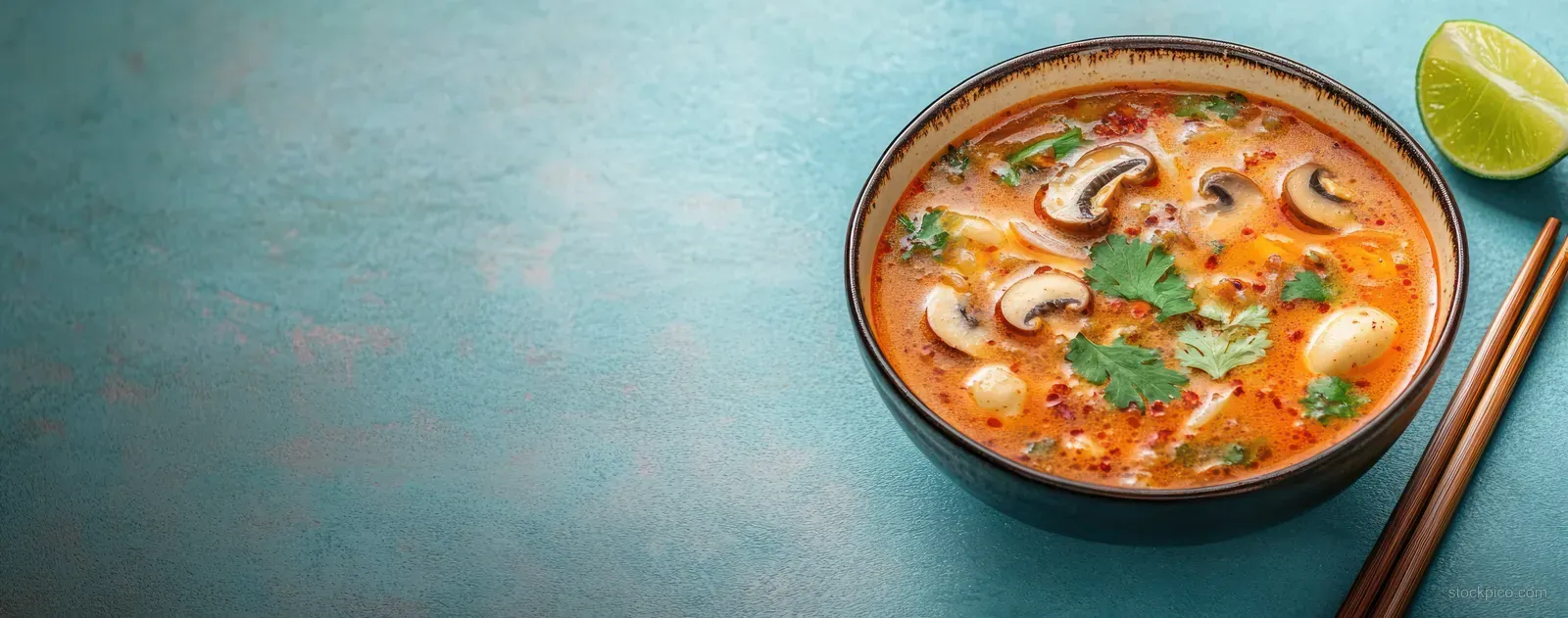 A bowl of creamy spicy mushroom soup with quail eggs and herbs beside a lime wedge and chopsticks on a blue textured surface.
