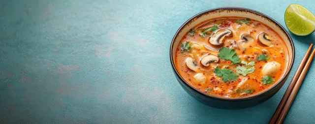 A bowl of creamy spicy mushroom soup with quail eggs and herbs beside a lime wedge and chopsticks on a blue textured surface.