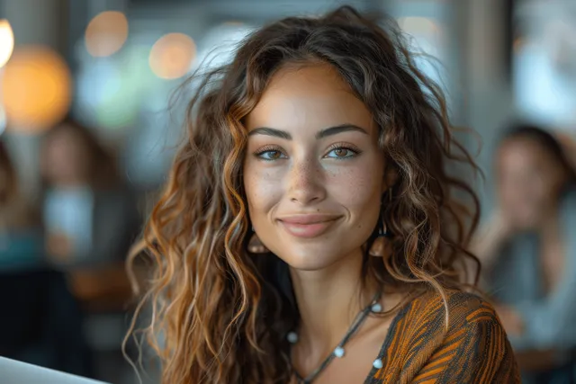 Smiling businesswoman types on a laptop while coworkers sit behind her in an office meeting.
