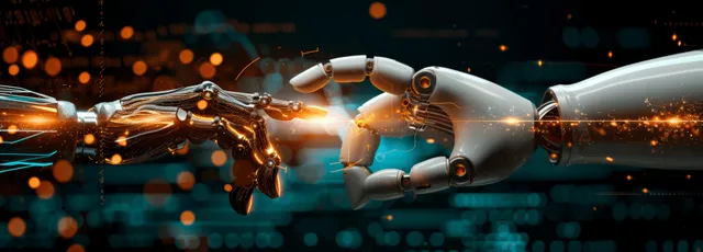 Futuristic robot hand touching holographic data network with glowing particles and coding