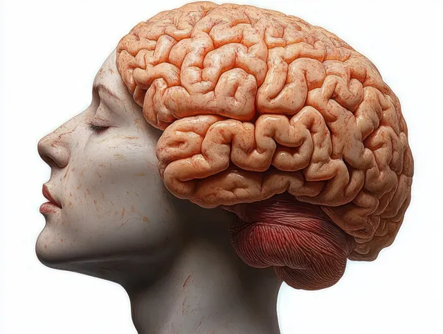 Serene side-profile face merges into a 3D brain showing cerebral cortex folds and cerebellum on a plain background.