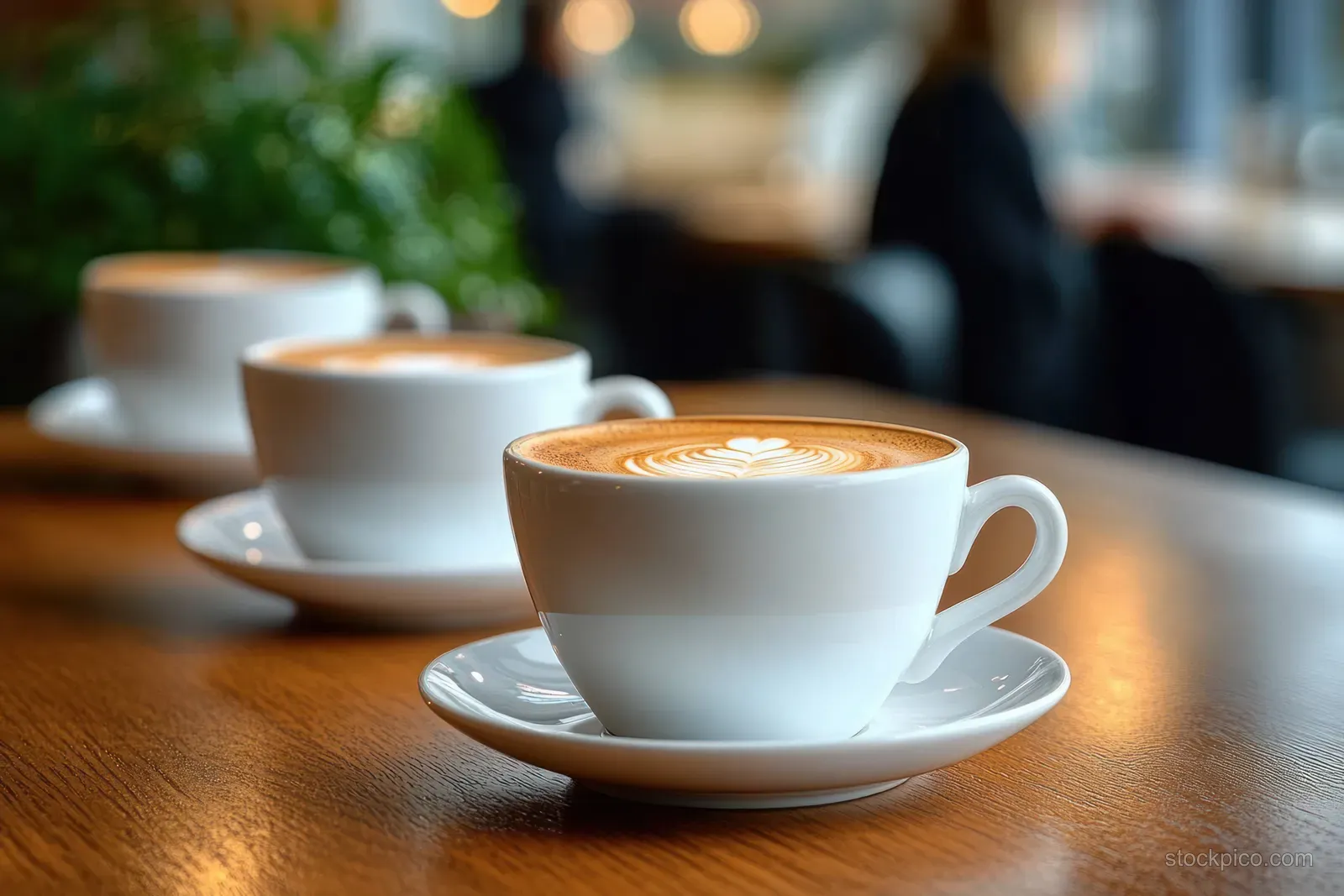 Three white ceramic latte cups in a row on a wooden cafe table, with heart latte art on the nearest cup.