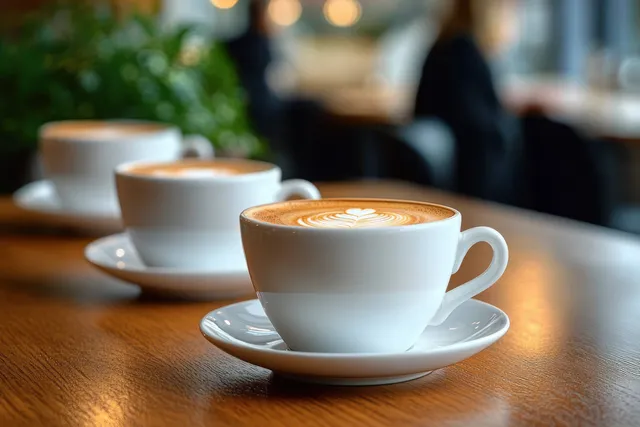 Three white latte cups on a wooden cafe table, heart latte art close-up