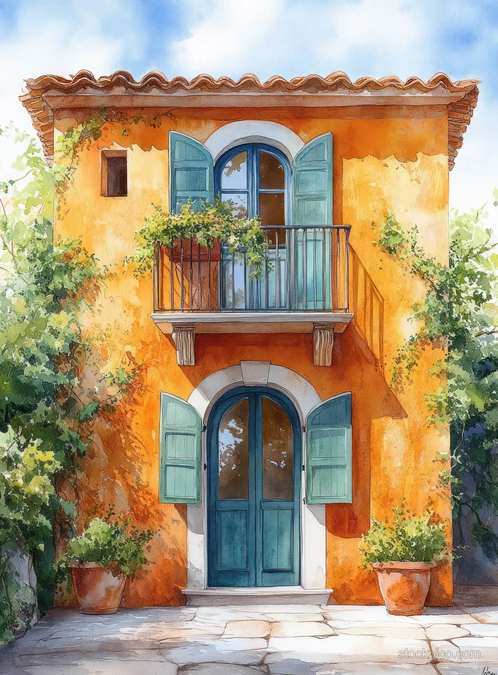 A vibrant watercolor illustration of a Mediterranean facade with orange walls, a teal door, and green shutters.