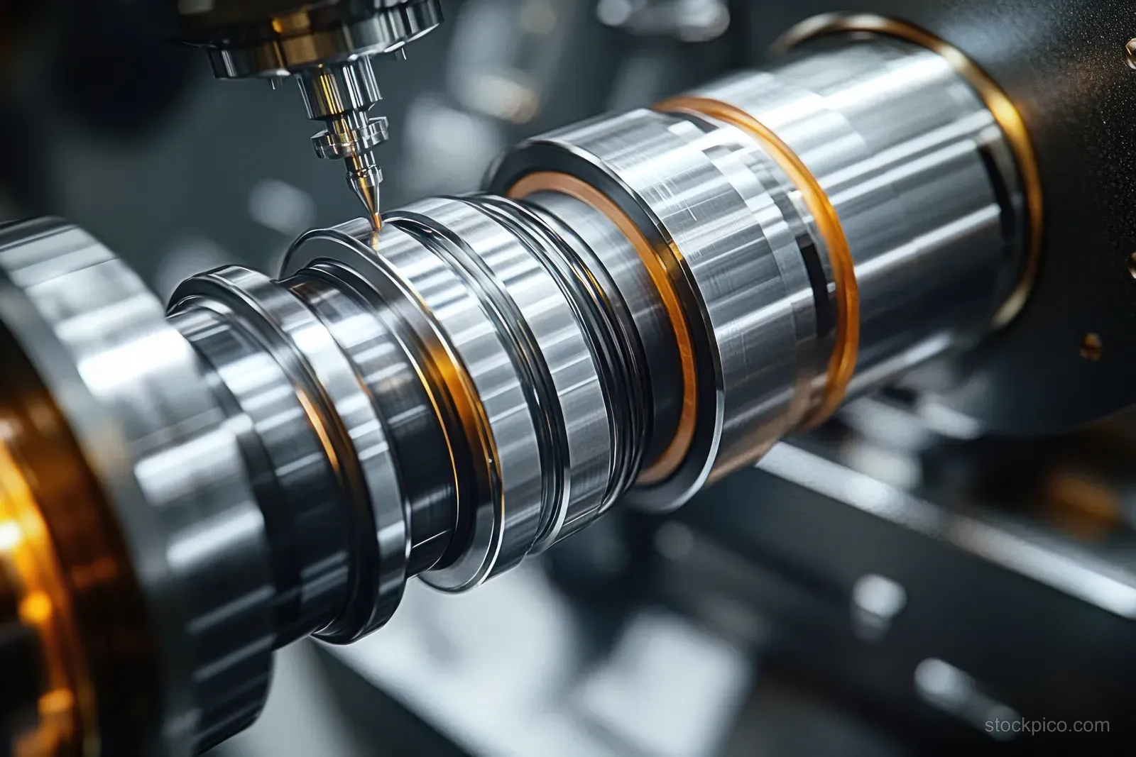 CNC cutting tool mills a shiny metal cylinder while a spinning spindle holds the workpiece in place.
