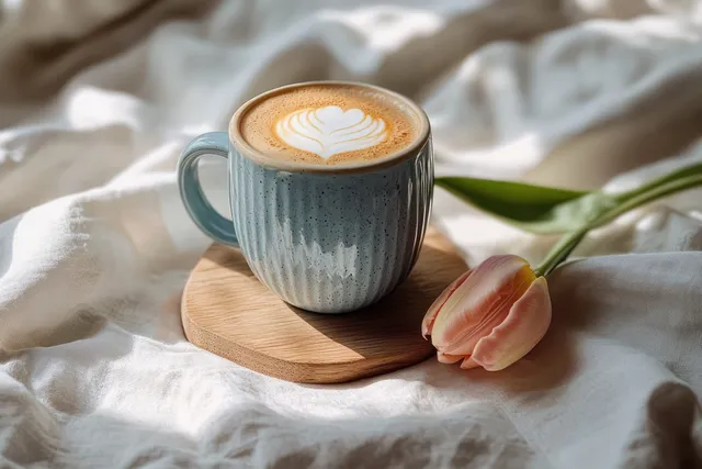 Blue ceramic mug with heart latte art on wooden coaster beside peach tulip on white bed linen