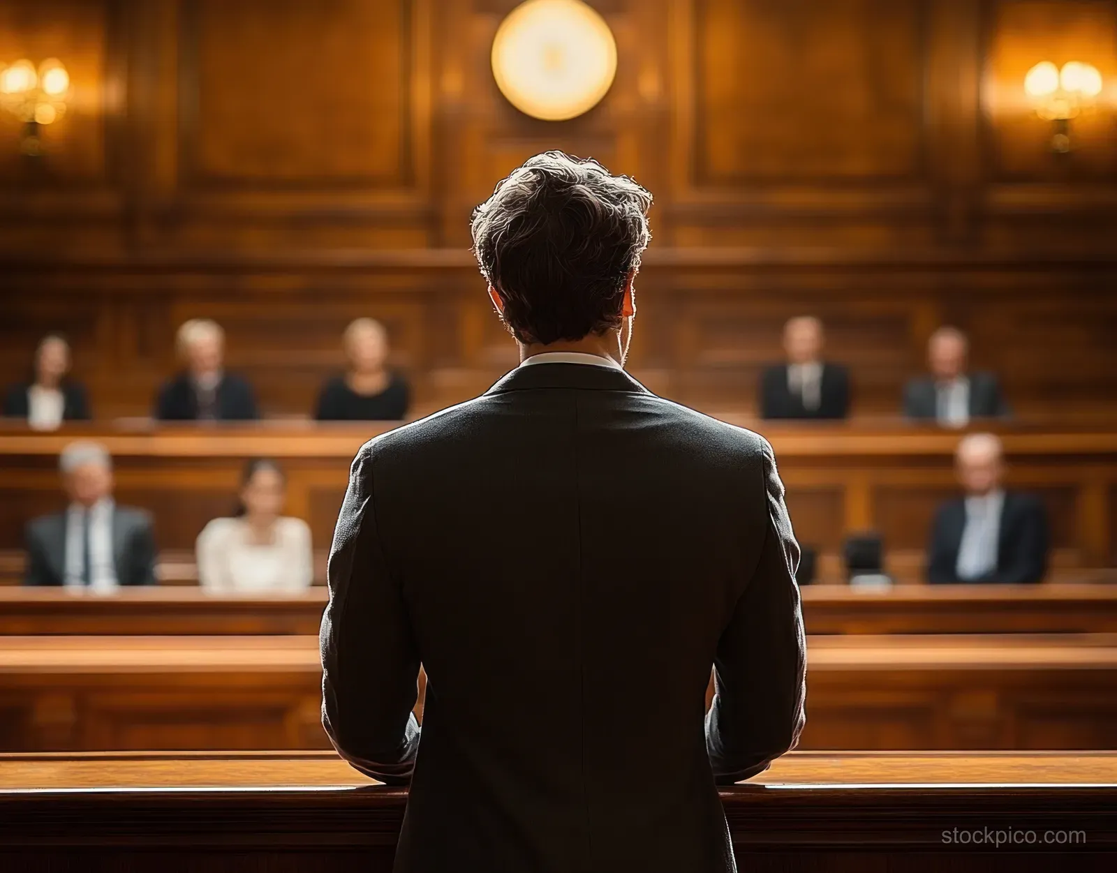 An attorney in a suit addresses a courtroom, with judges and a jury seated in the background under warm wood paneling.