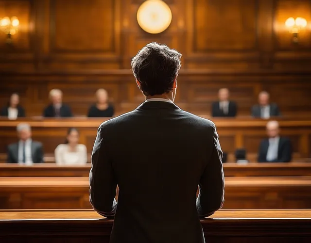 An attorney in a suit addresses a courtroom, with judges and a jury seated in the background under warm wood paneling.