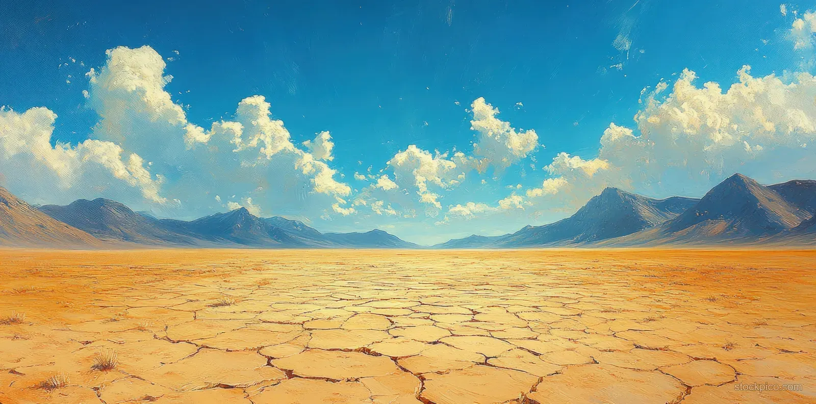 Cracked parched desert ground stretches toward distant mountains under a bright blue sky.
