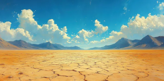 Cracked parched desert ground stretches toward distant mountains under a bright blue sky.