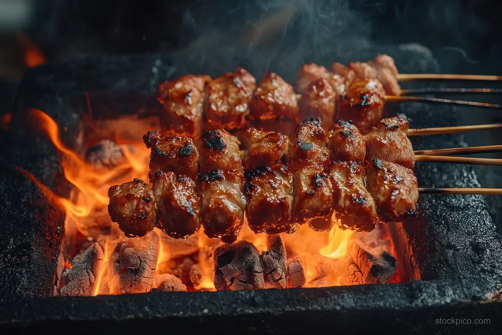 Chicken satay skewers grill over hot charcoal, with orange flames and smoky background.