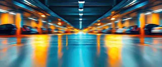 Blurred indoor parking garage corridor with parked cars and warm orange and cool blue overhead lights reflecting on the floor.