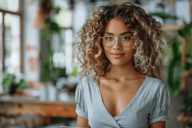 Curly-haired businesswoman using a tablet while standing in a bright modern office