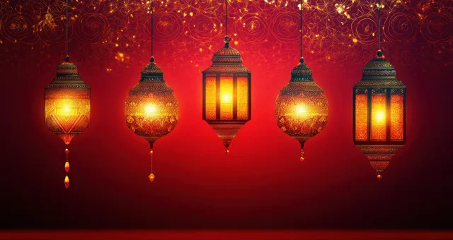 Diwali lanterns glowing on deep red background with festive decorative light pattern