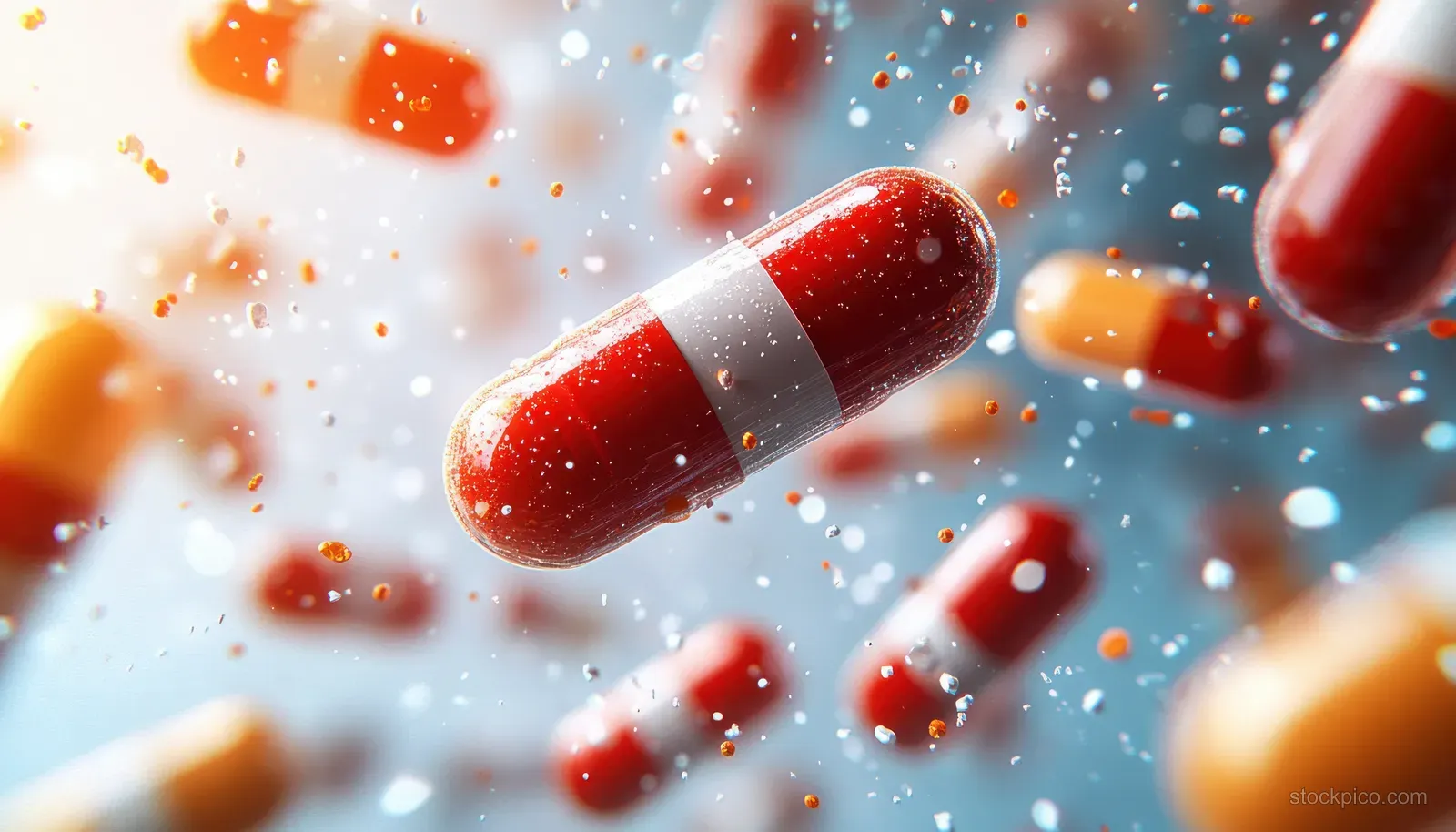 Red antiviral capsules lie on a blue medical background with scattered virus-like particles around them.