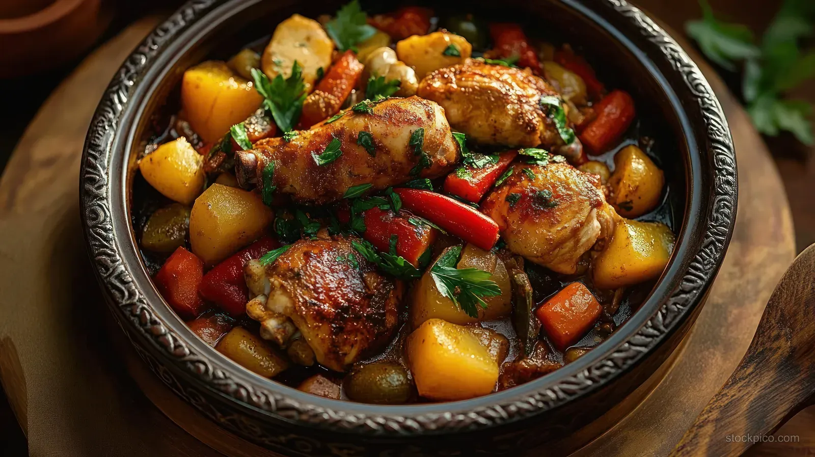 Roasted chicken stew with potatoes, carrots, red peppers, and fresh herbs served in a rustic bowl on wood.