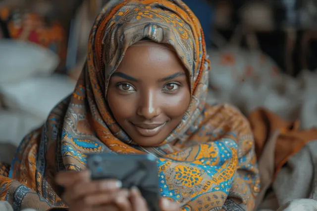 A smiling African Muslim girl in a patterned hijab uses a smartphone while sitting on a bed at home.