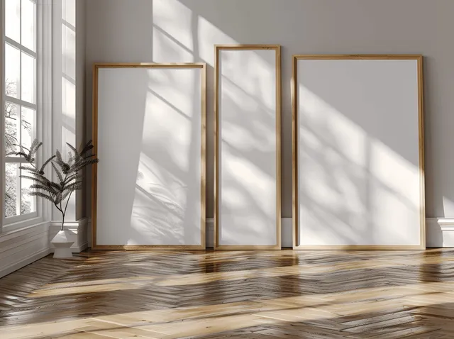Blank A2 white posters in wooden frames standing on sunlit parquet floor