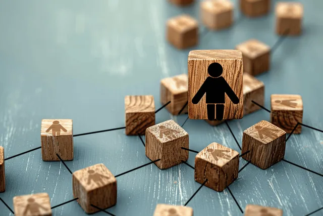 Wooden blocks with person icons connected by lines on blue tabletop