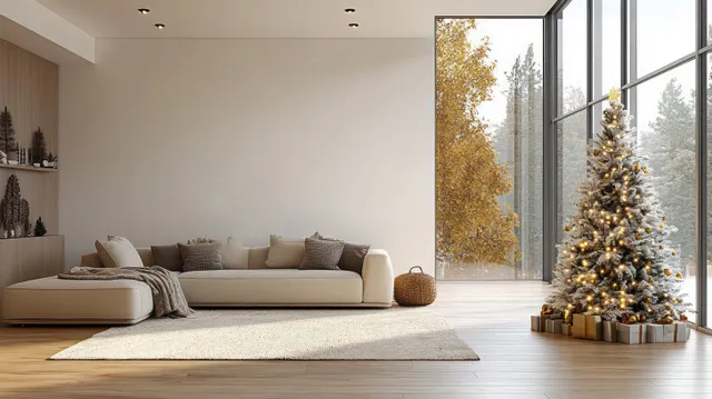 A lit Christmas tree stands beside large windows in a minimalist living room with a sofa and rug.